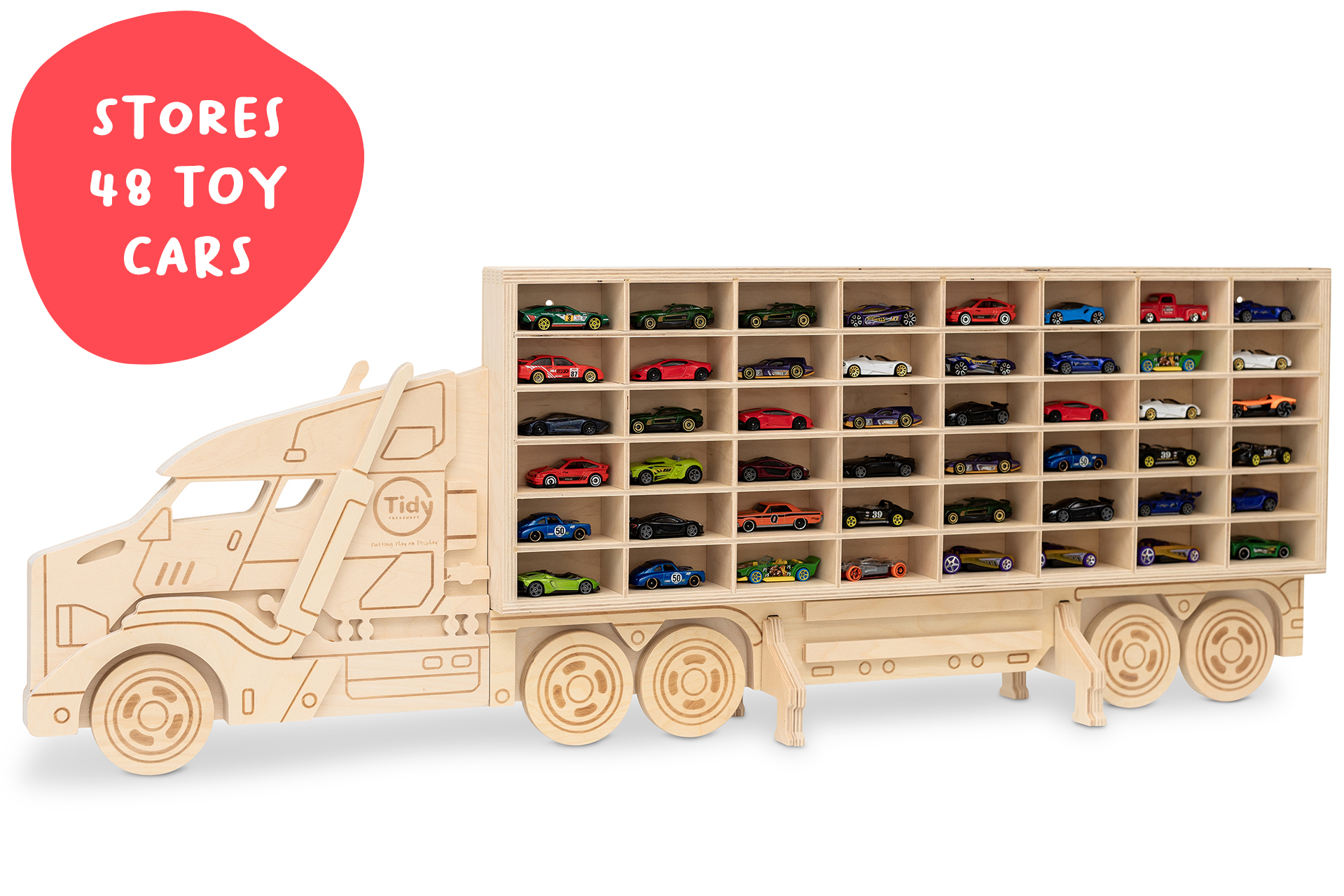 Display Truck For Toy Car Storage - Wood Case, 48 Hot Wheels, Matchbox